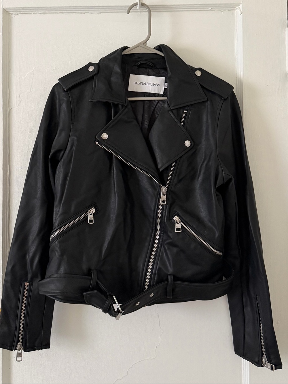 VINTAGE Calvin Klein Jeans Women's Black Leather Oversized Moto Jacket | Size M
